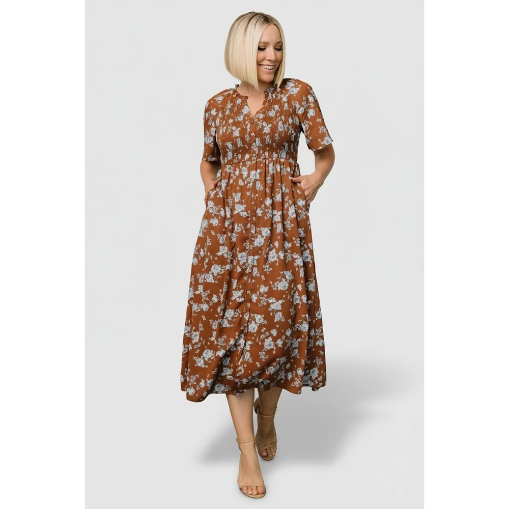 Baltic Born Women Botega Midi Dress Large Brown Blue Floral Smocked Prairie Boho